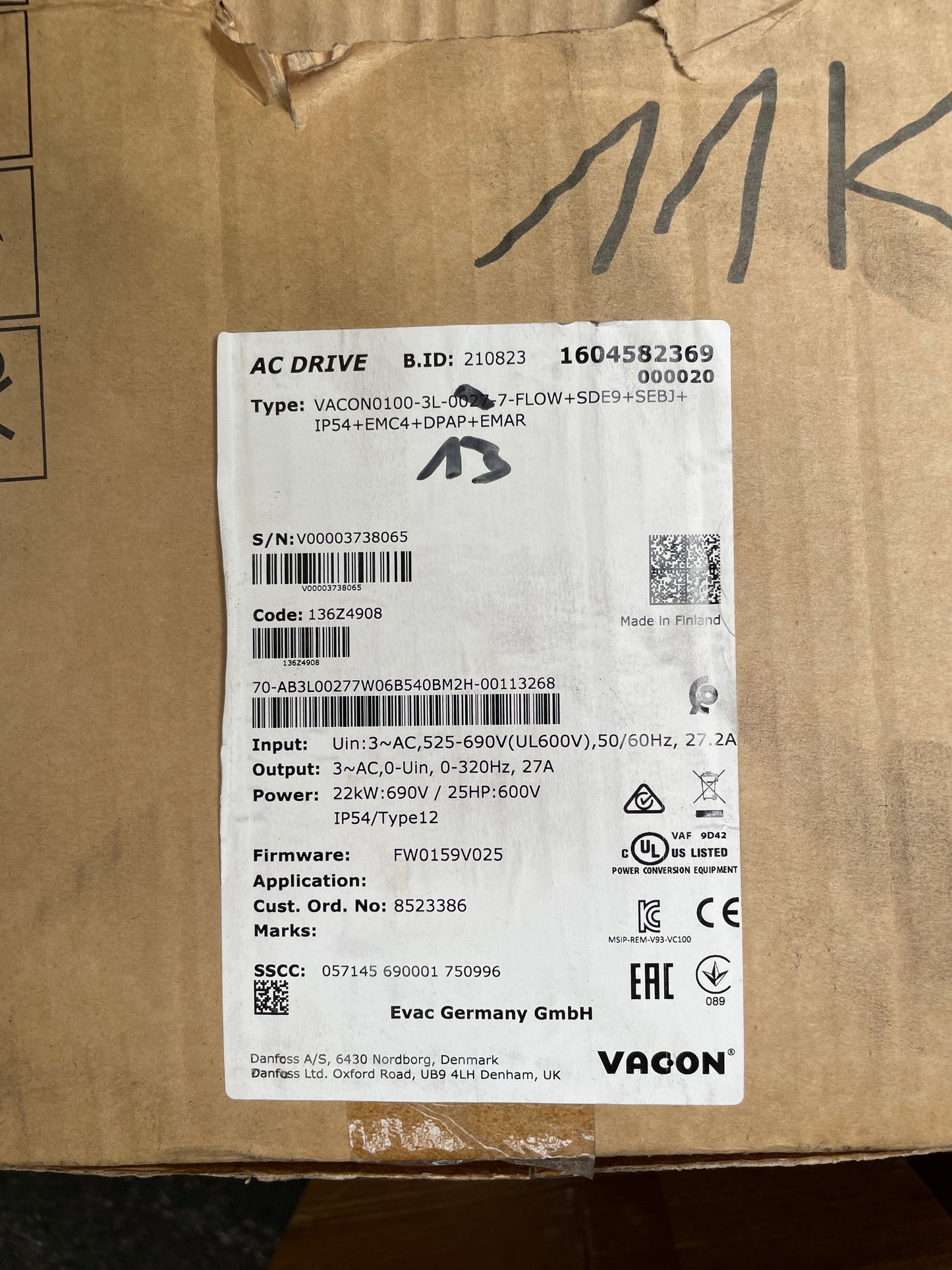 Danfoss VACON0100-3L-0013-7-FLOW+SDE9+SEBJ+IP54+DPAP+EMAR Vacon 100 Flow AC Drive