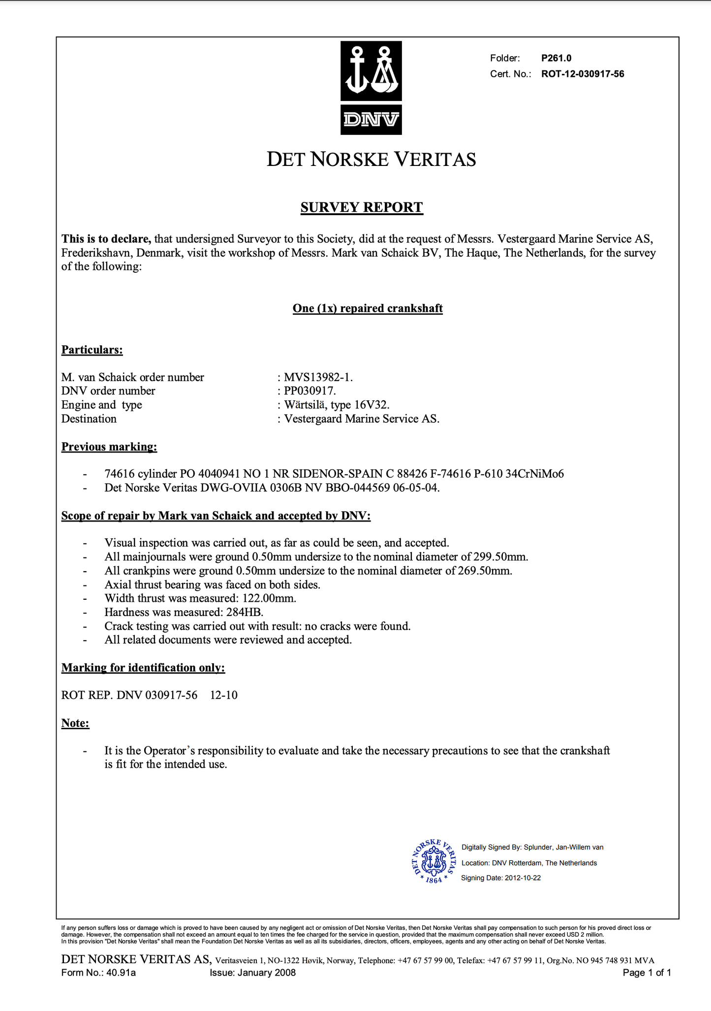 Wärtsilä VASA 16V32 Crankshaft (With DNV Verification)