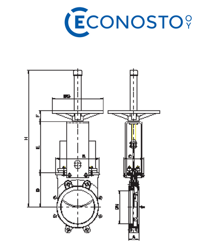 Econosto Knife Gate Valve, DN150, CF8M/AISI316, Handwheel NRS 023950150MEC