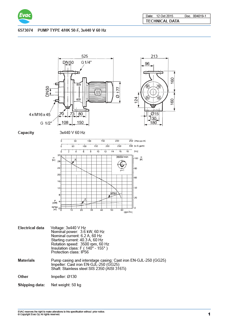 Herborner / Evac 4/HK 50-F Centrifugal Sewage Pump PN: A2D_115, Application: 6573074 - Part Number: 6573074