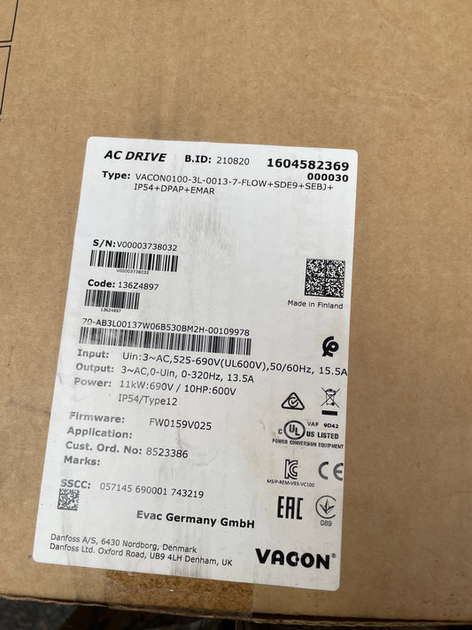 Danfoss VACON0100-3L-0013-7-FLOW+SDE9+SEBJ+IP54+DPAP+EMAR Vacon 100 Flow AC Drive