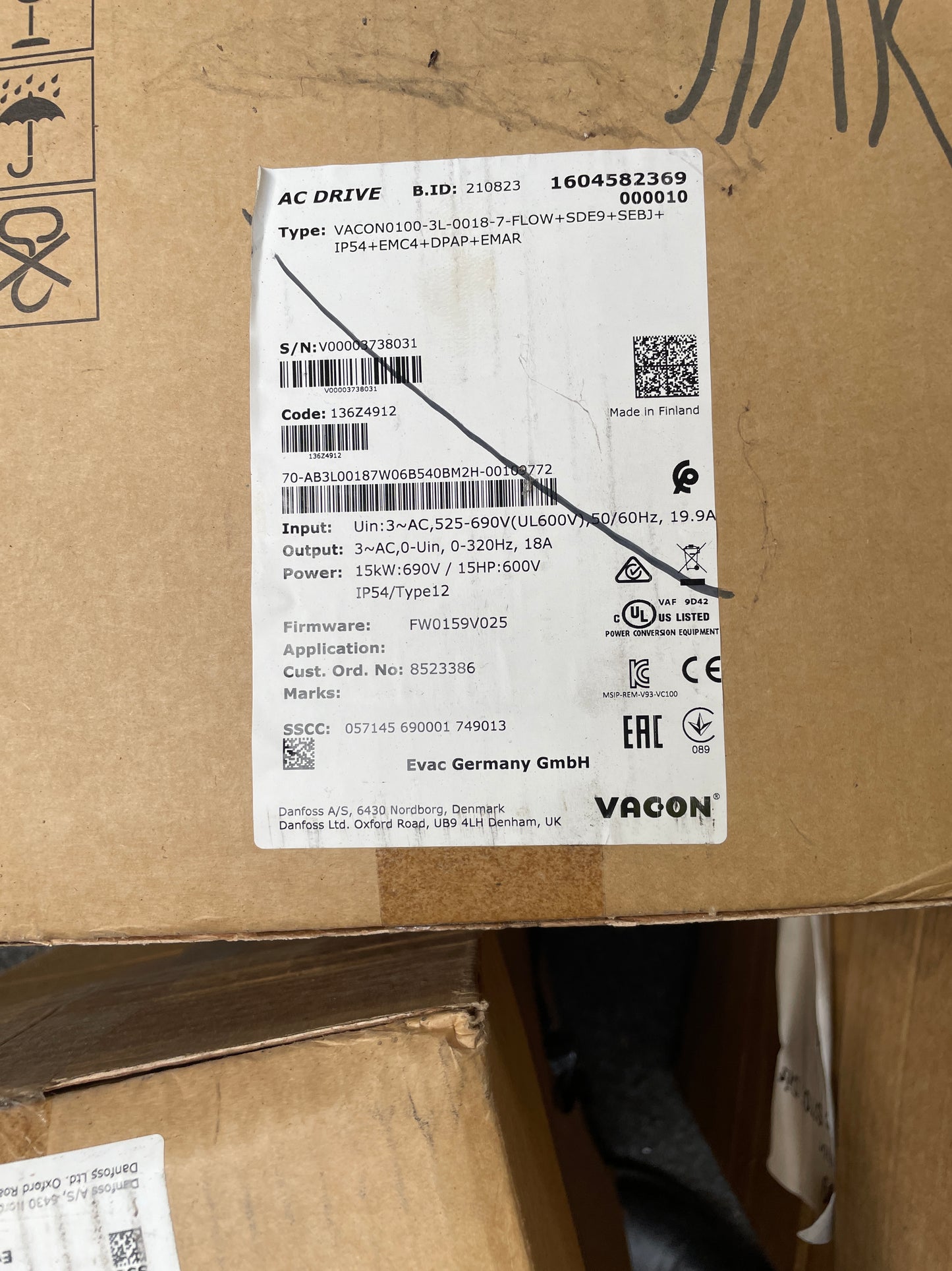 Danfoss VACON0100-3L-0013-7-FLOW+SDE9+SEBJ+IP54+DPAP+EMAR Vacon 100 Flow AC Drive - Part Number: VACON0100-3L-0013-7-FLOW+SDE9+SEBJ+IP54+DPAP+EMAR