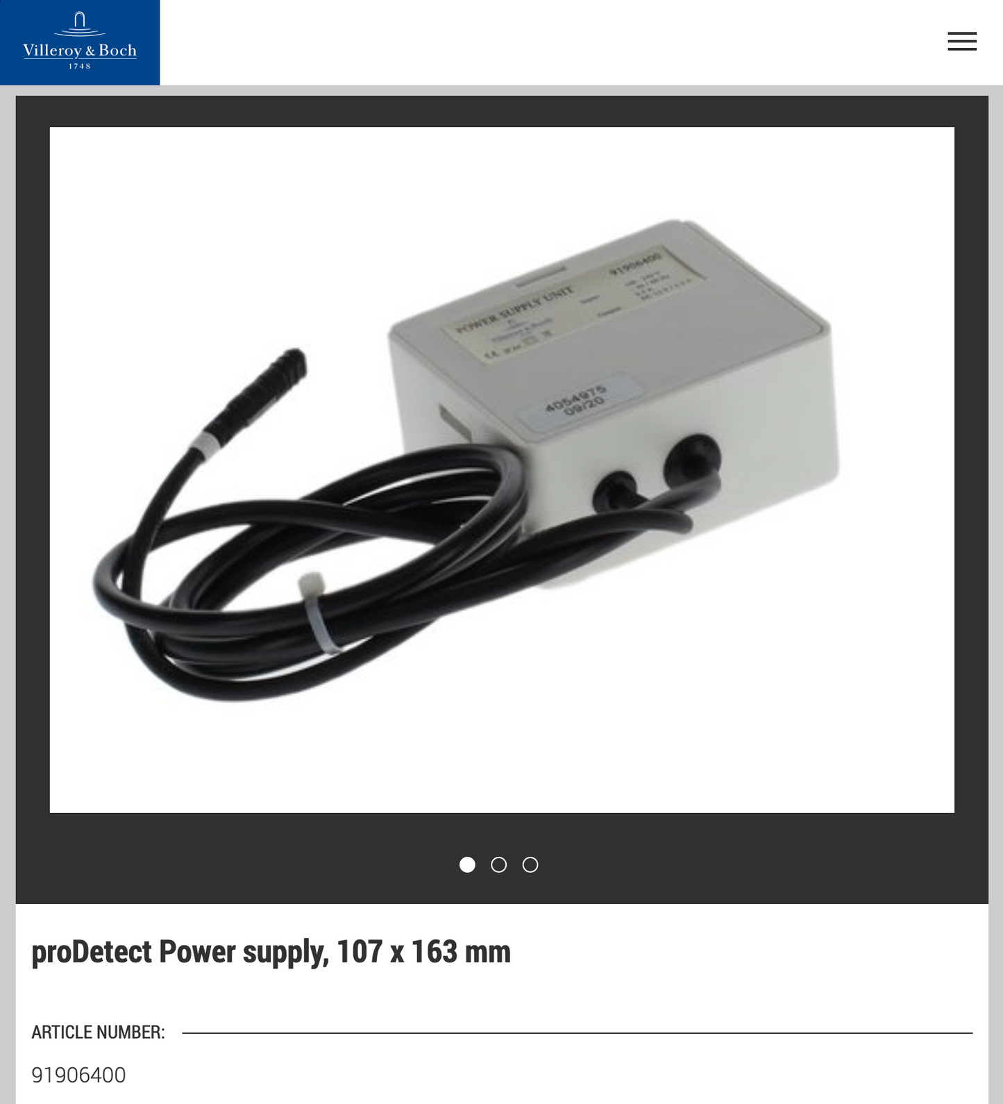 Gustavsberg / Villeroy & Boch 110/220V proDetect Power Supply 91906400, 6574890
