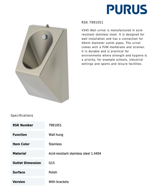 Purus Stainless Steel Urinal V345 Part Number: 7991051, Application: 6553678