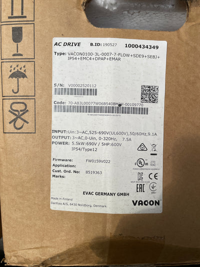 Danfoss VACON0100-3L-0007-7-FLOW+SDE9+SEBJ+IP54+EMC4+DPAP+EMAR AC Drive