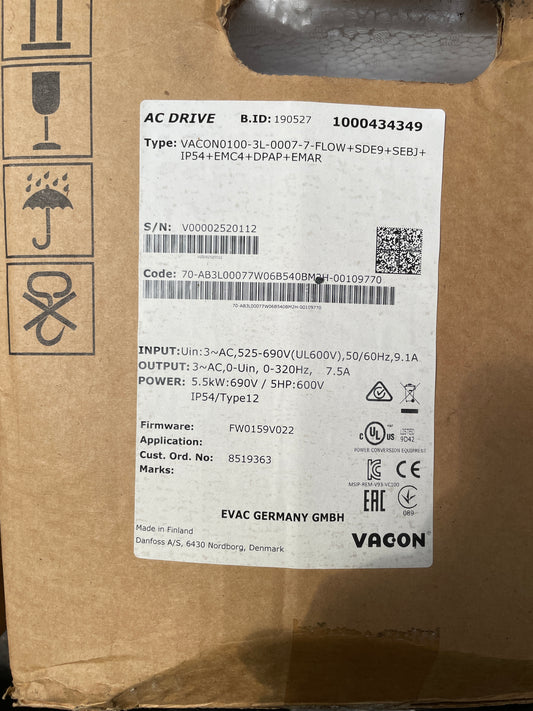 Danfoss VACON0100-3L-0007-7-FLOW+SDE9+SEBJ+IP54+EMC4+DPAP+EMAR AC Drive