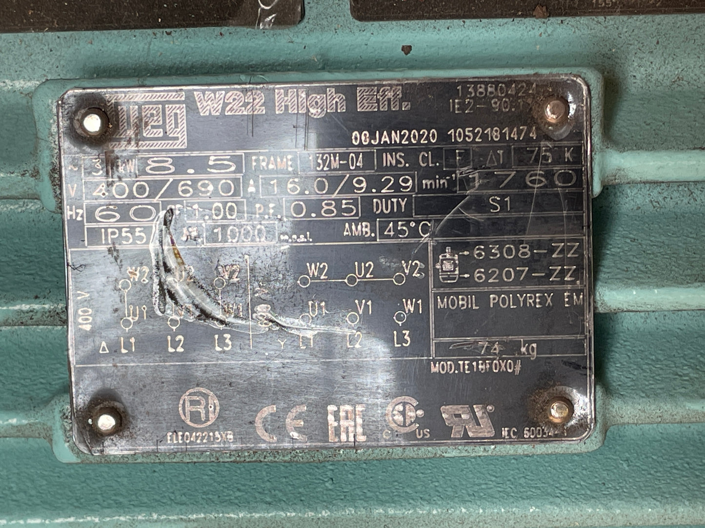 Weg W22 8.5kW Frame 132M-04 Three-Phase Motor - Part Number: W22 8.5kW; Frame 132M-04